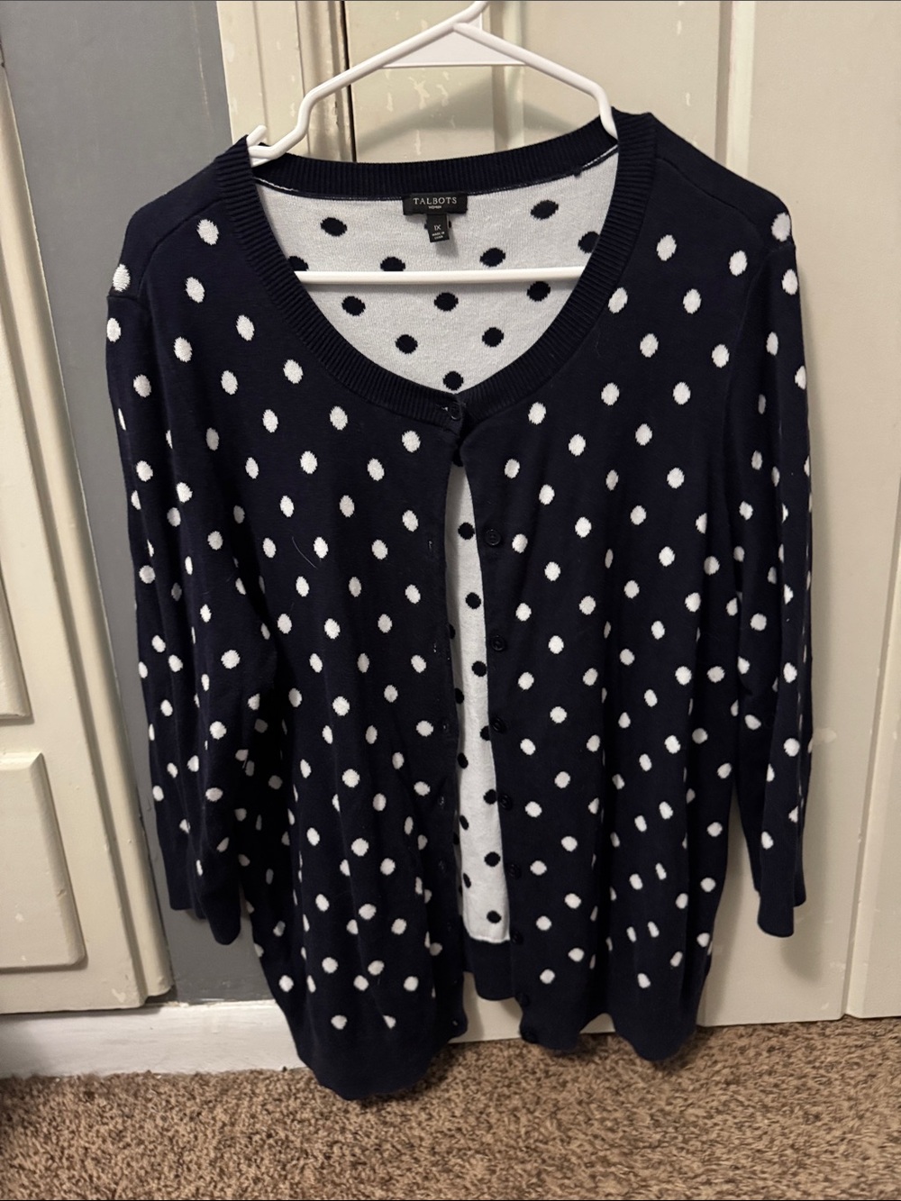 Talbots Navy Cardigan with White Polka Dots